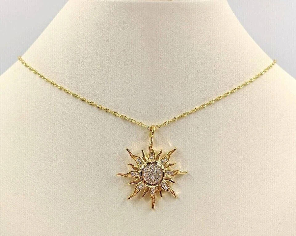 1.00Ct Round Cut Simulated Diamond Sun Pendant Necklace 14k Yellow Gold Plated
