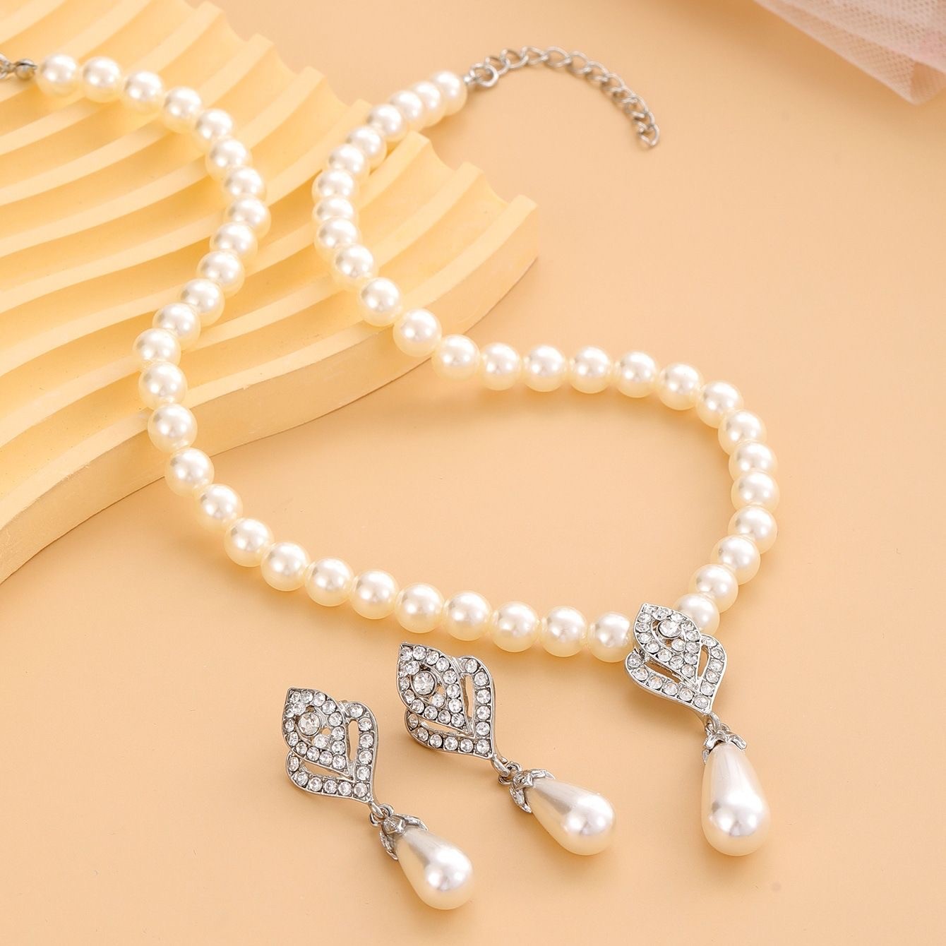 Silver Alloy Jewelry Set Imitation Pearl Drop Necklace Evening Party Accessory
