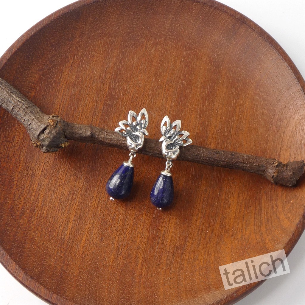 925 Sterling Silver Small Peacock Bird Earrings with Blue Lapis Bead Drop Unique