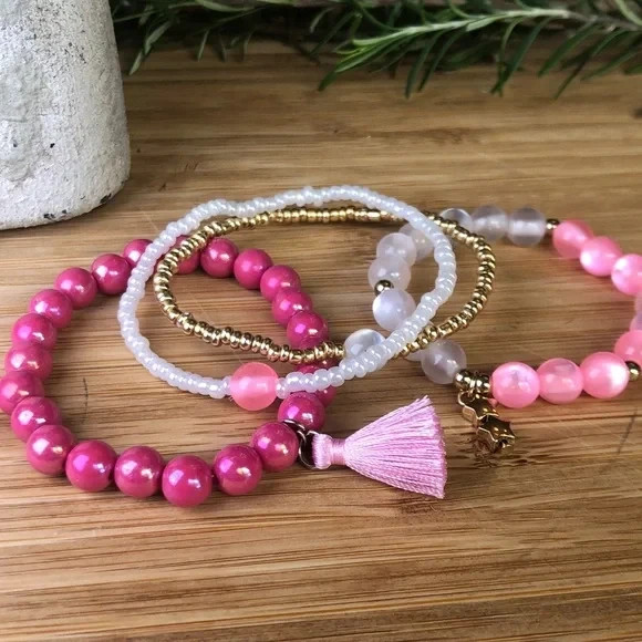 Pink and Gold Beaded Stacking Stretch Bracelet Set, 6.5″