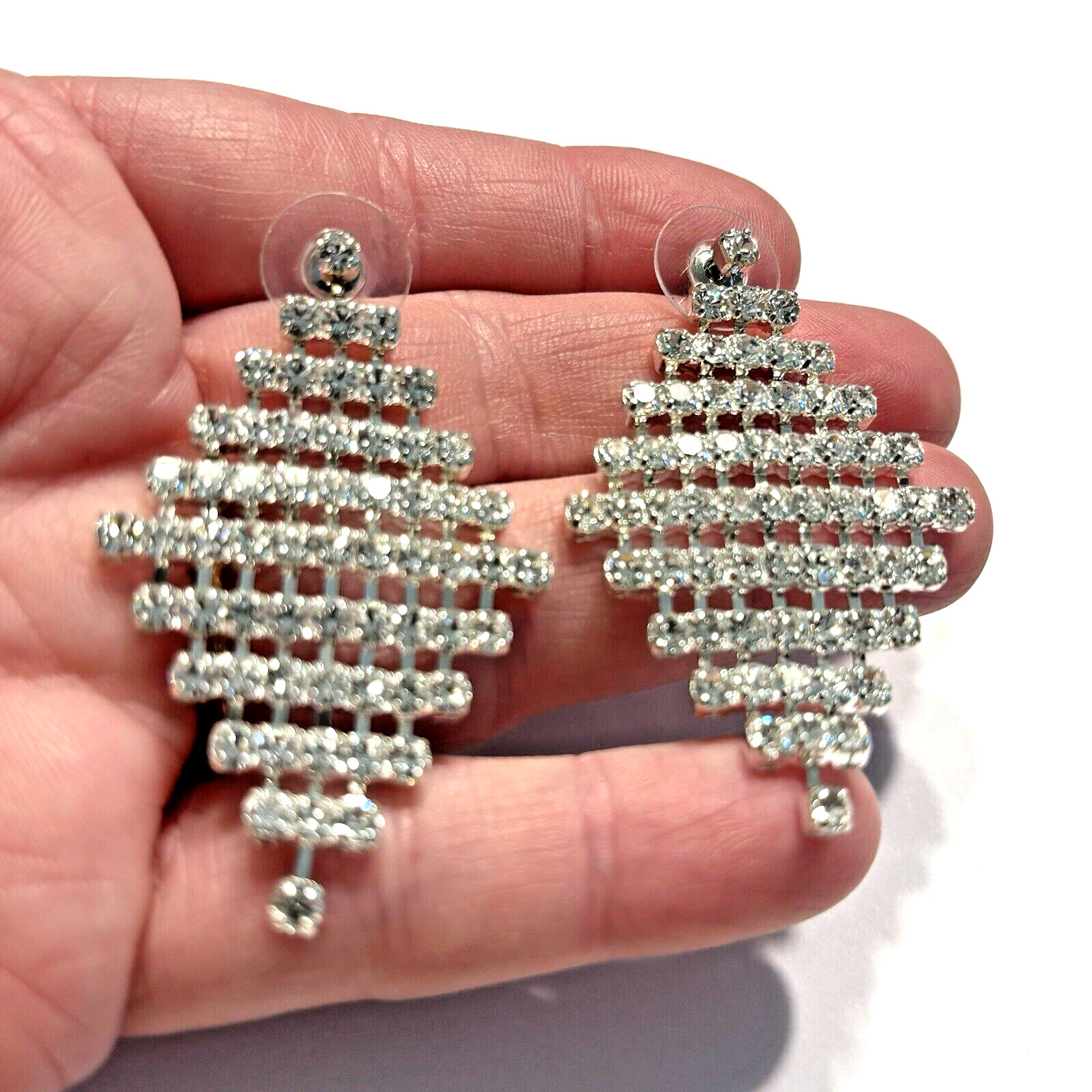 Silver Pierced Earrings Clear White Rhinestones Mesh Drop & Dangle Disco Fashion