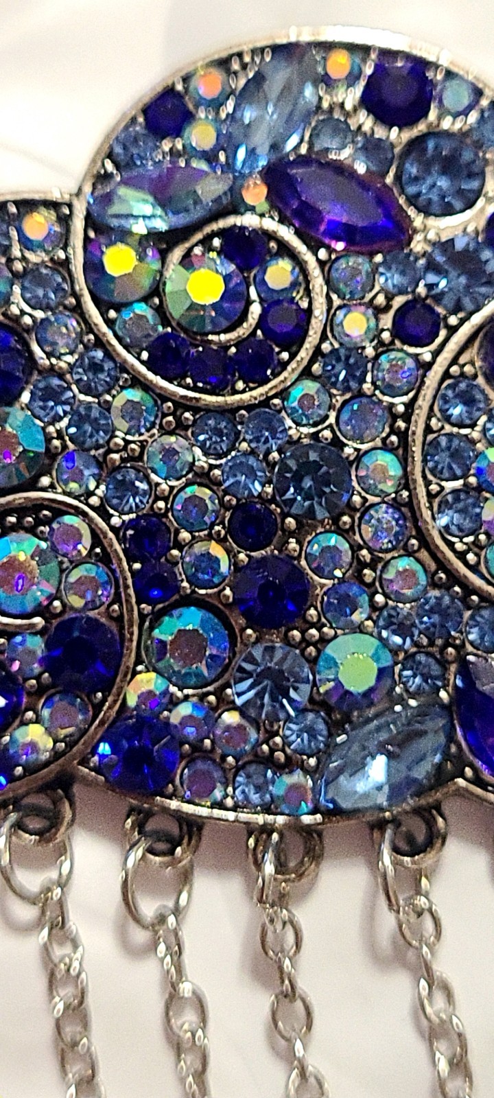 Silver Tone Cloud Brooch w/ Blue Crystal Rhinestones And Dangling Teardrops