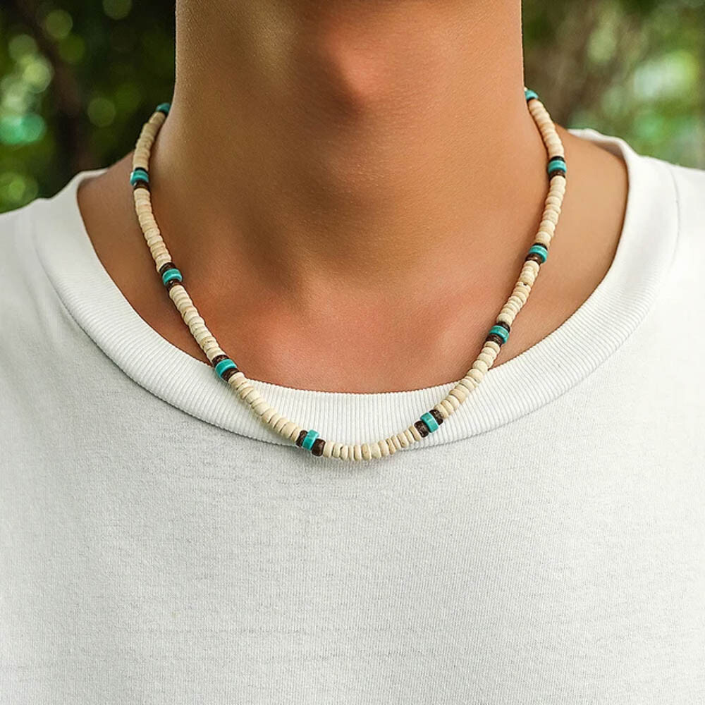 18″ Wood & Coconut Shell Bead Necklace – Natural Boho Surfer Style, Adjustable