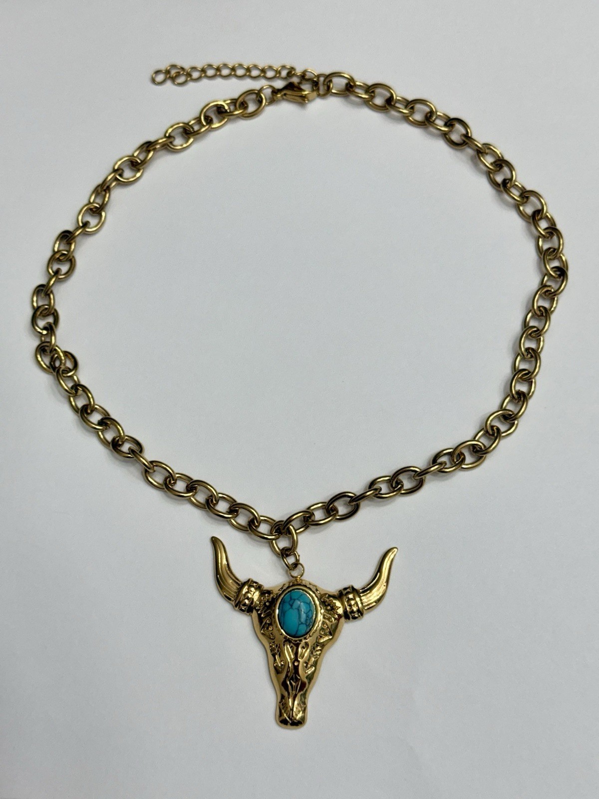 18k Gold Plated Bull Skull Charm Pendant Necklace Blue Turquoise Cable Chain