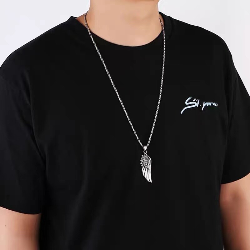 Mens Angel Wing Feather Pendant Necklace Biker Jewelry Stainless Steel Chain 24″