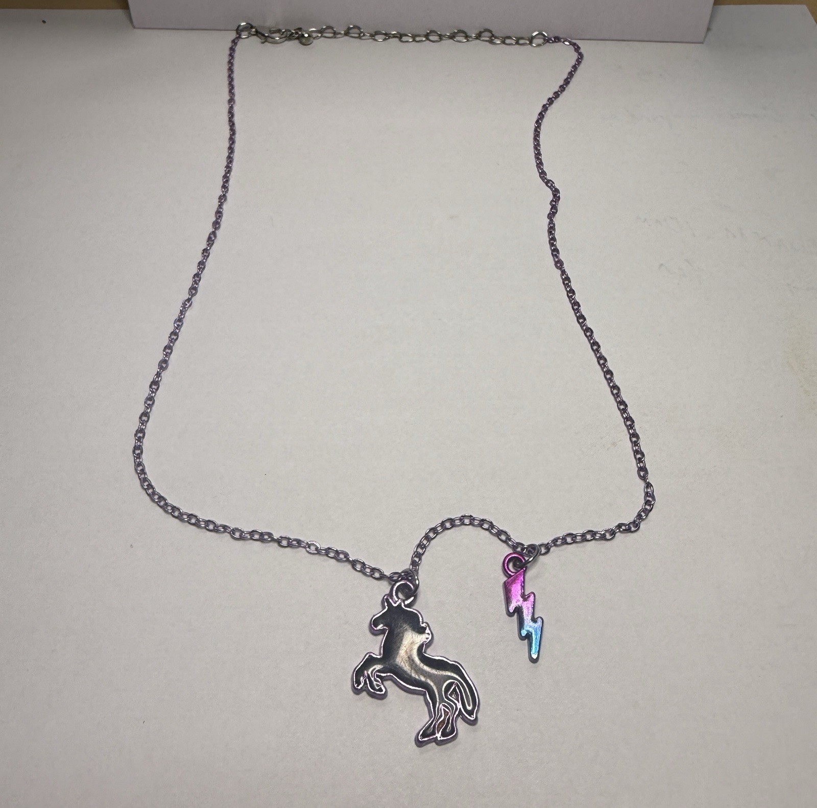 Unicorn Charm Pendant Necklace Silver-Tone Cable Chain Black Purple Accents