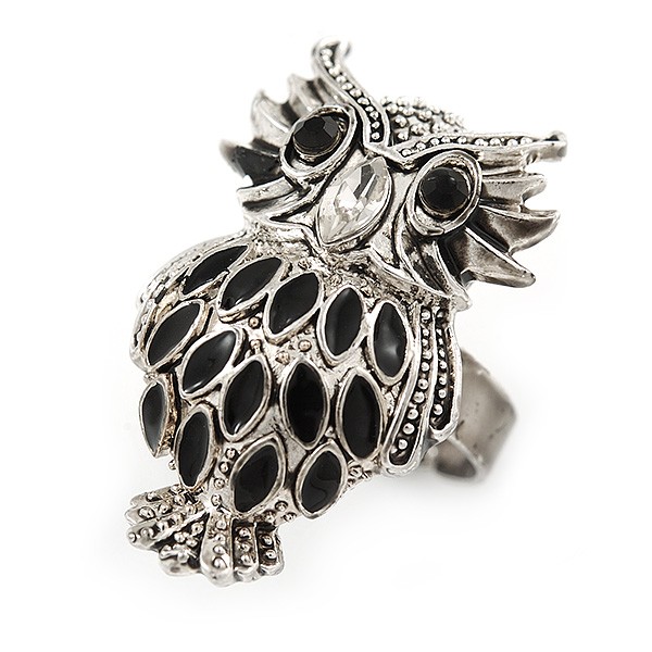Owl Ring In Silver Tone Metal with Black Enamel Detailing – 30mm L – 7/8 Size –