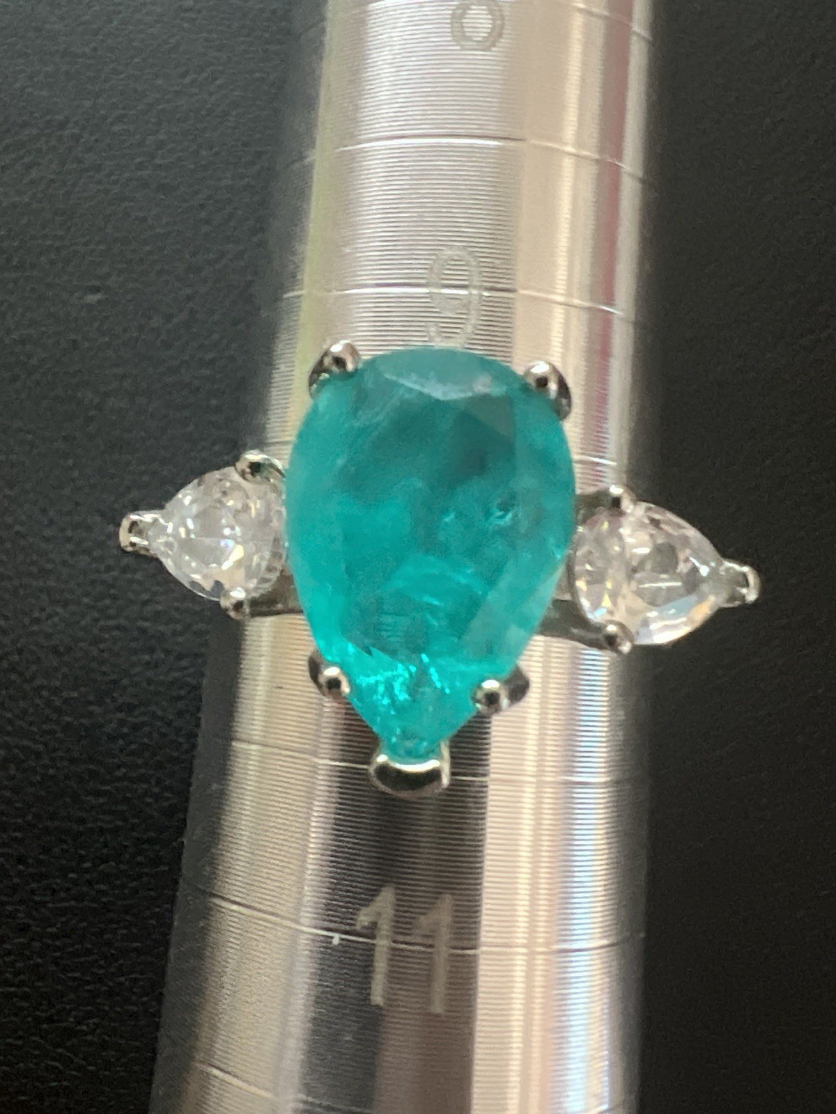 Paraiba Tourmaline Silver Tone Ring Size 10 Cocktail Beautiful Teardrop Design