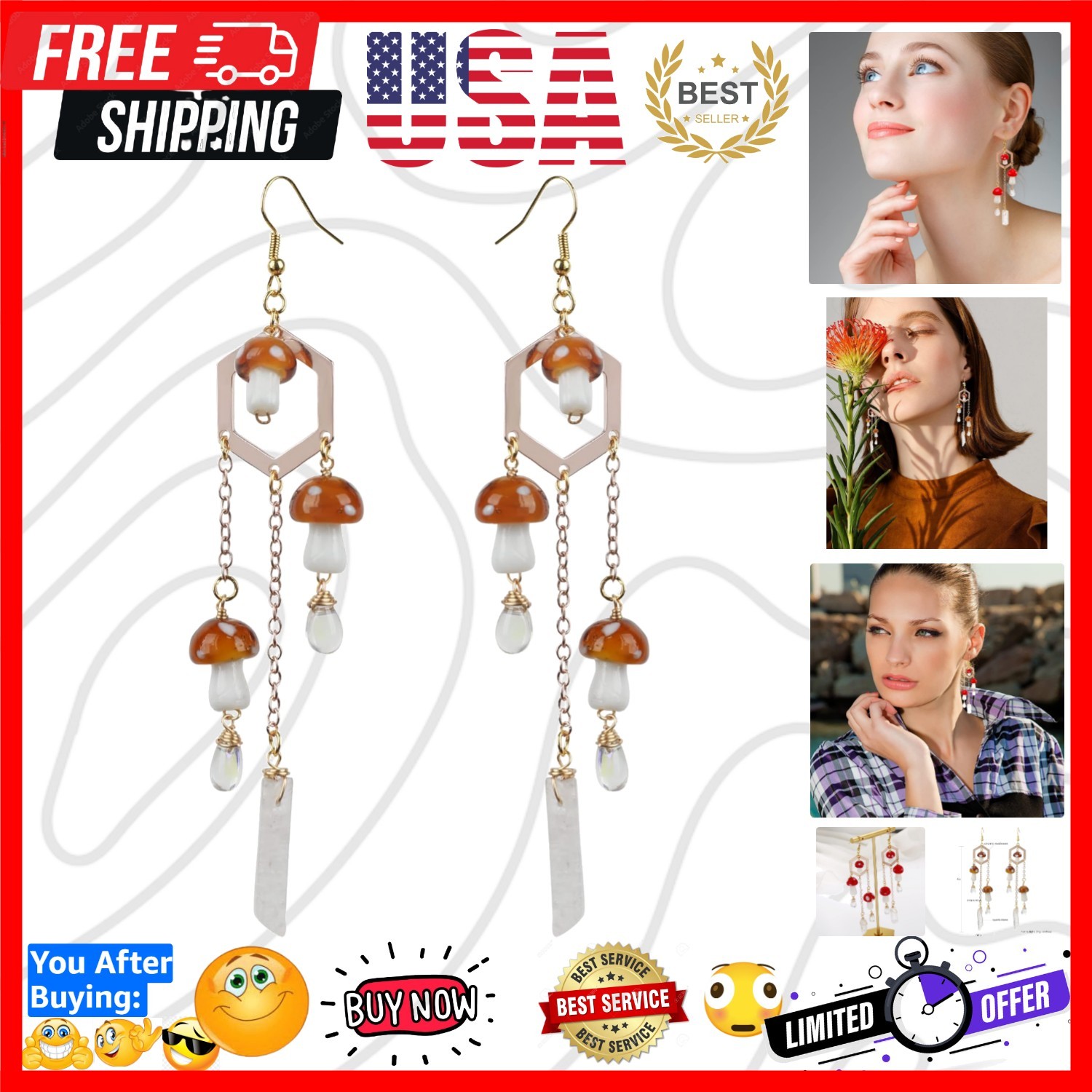 Womens Hypoallergenic 4″ Mushroom Earrings – Perfect Gift for Any Occasion