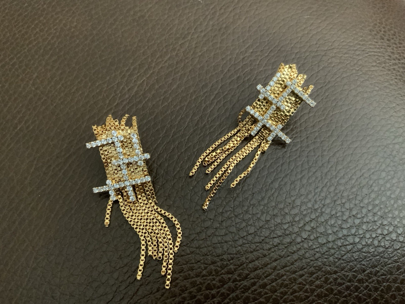Goddess Gold Earrings Solanales Stud Chain Tassel Fringe Crystal CZ Art Deco VTG