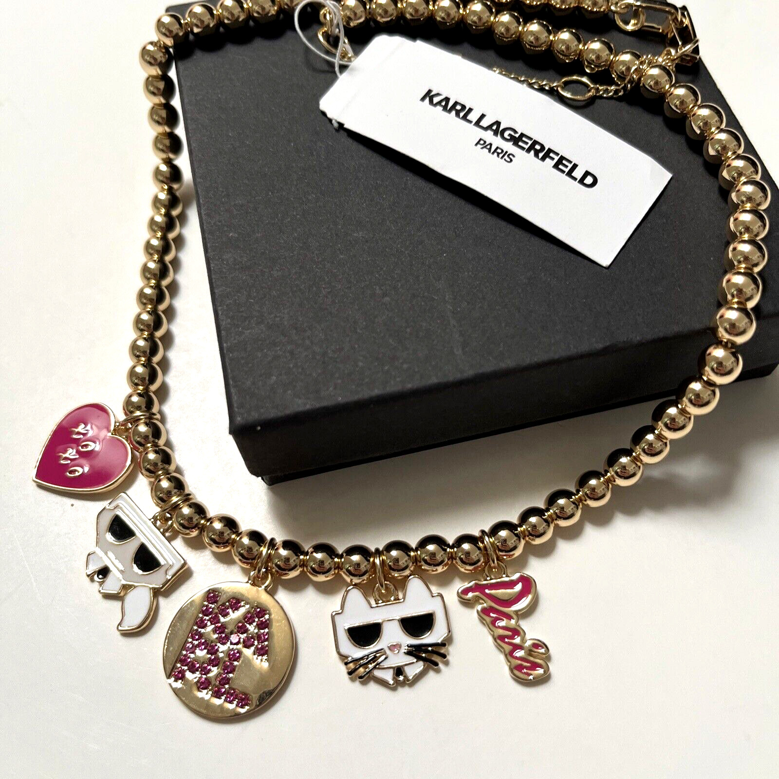 New KARL LAGERFELD Paris Charm Fashion Necklace Choupette Cat Pink Rhinestone