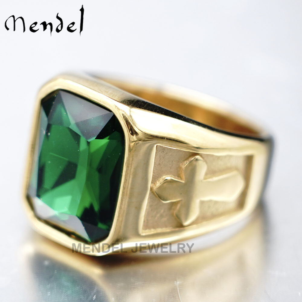 MENDEL Mens Gold Plated Christian Cross Green CZ Stone Ring For Men Size 7 8-15