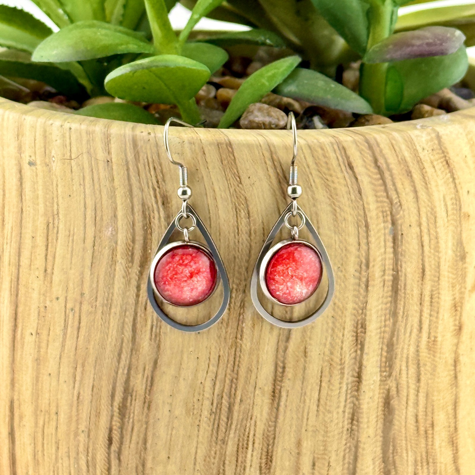 Dangle Earrings Handmade “Sparkly Red Teardrop” Sterling Silver French Earwires