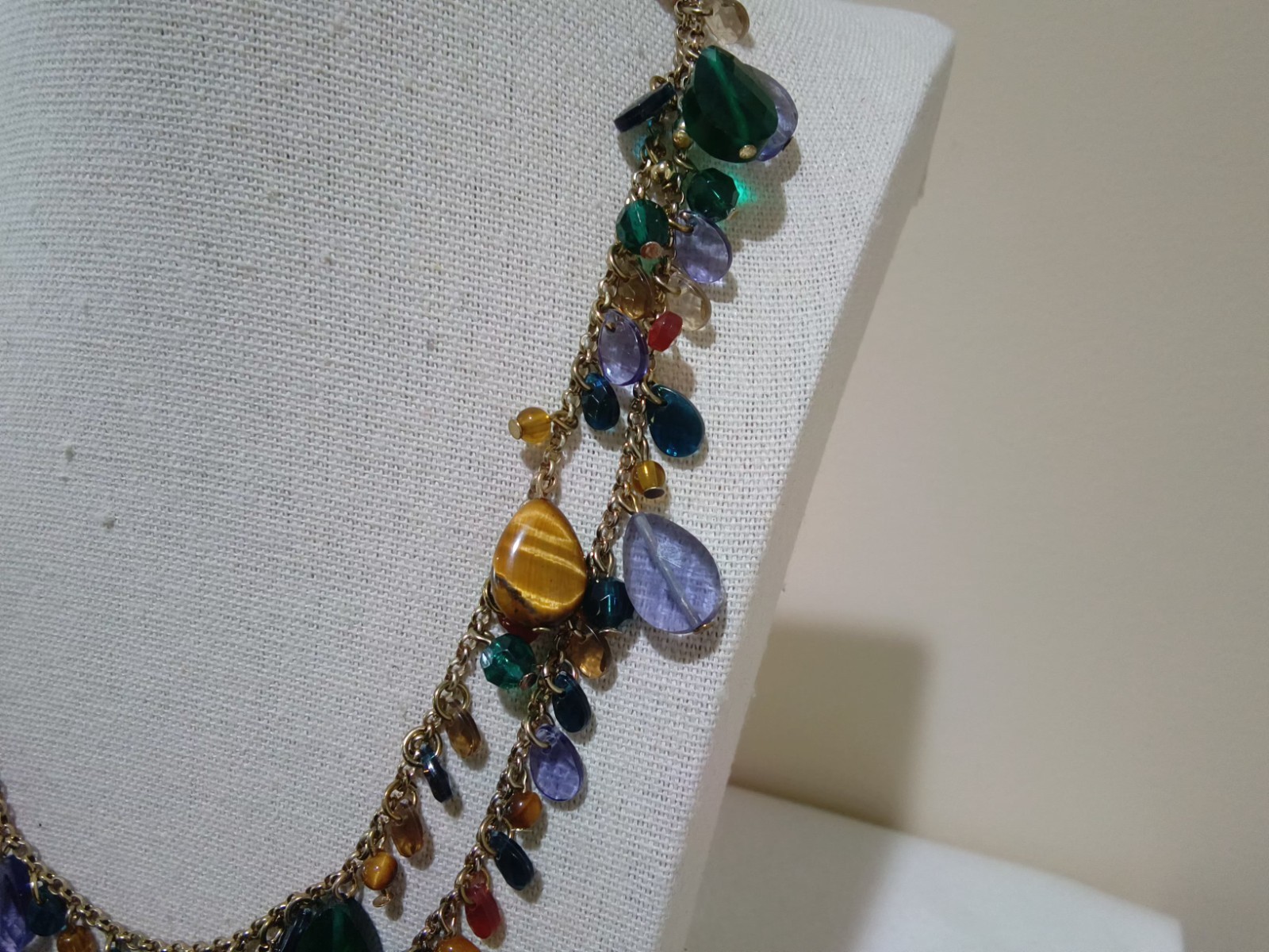 Talbots Branded Two-Strand Necklace, Tiger Eye & Multi-Color Glass Dangles