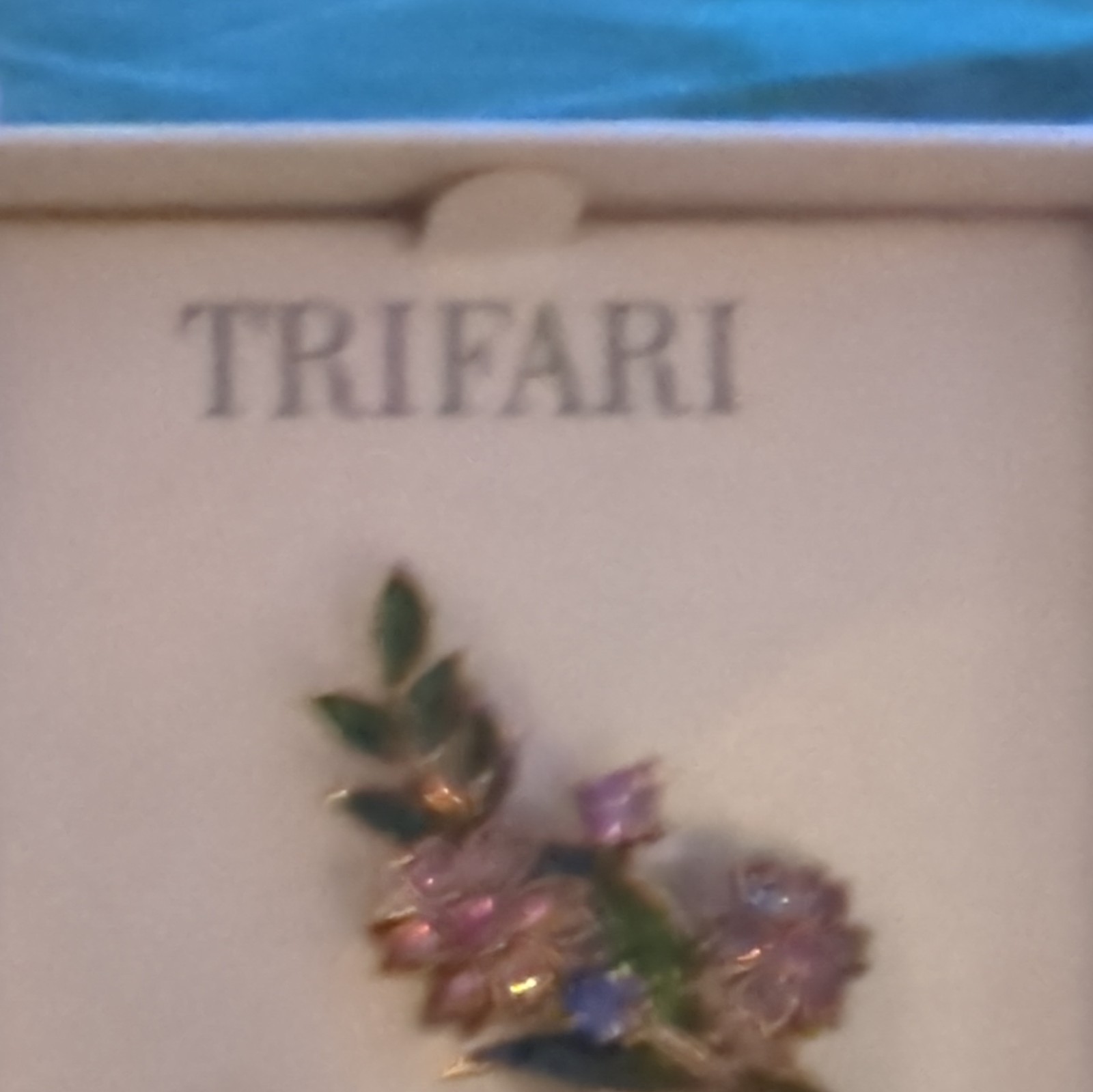 Trifari Floral Gold Tone Brooch Pin Pink Rhinestone Green Leaves Purple