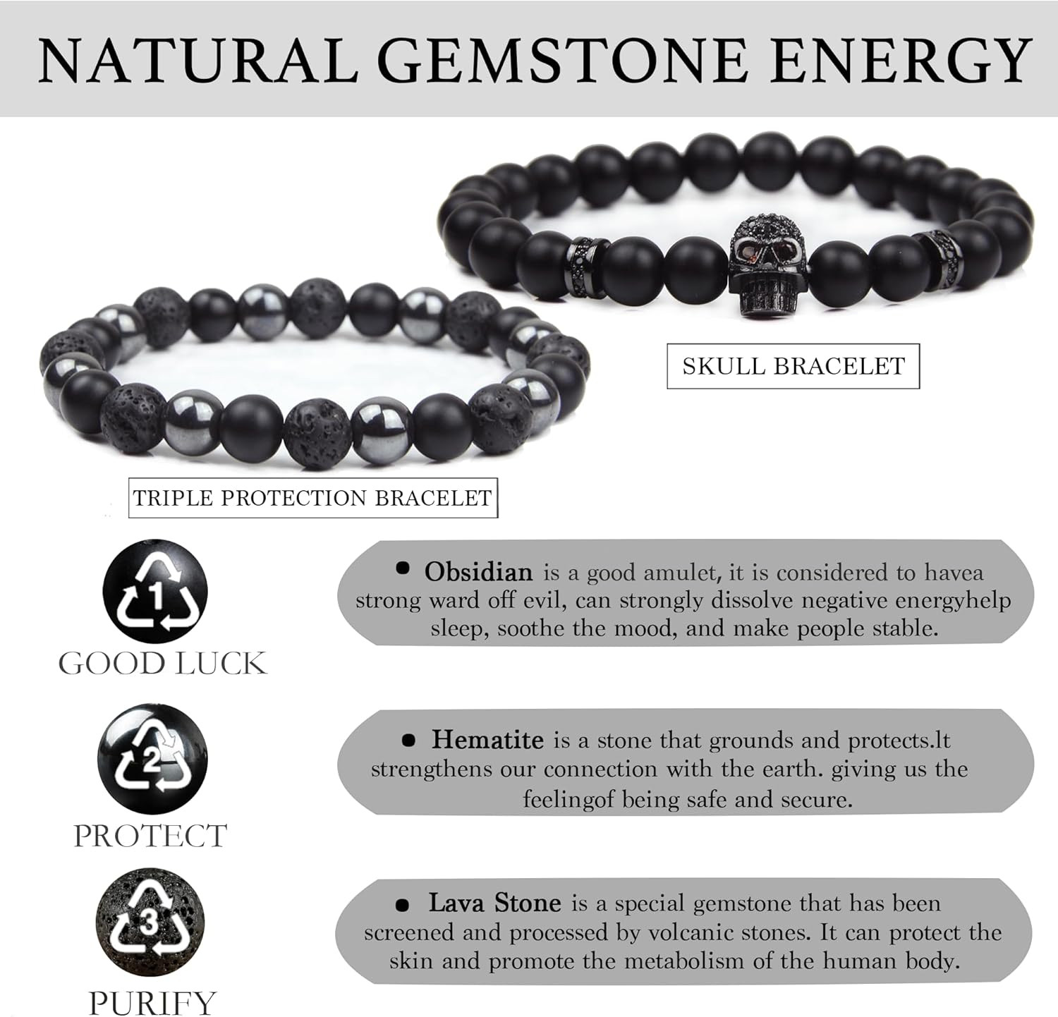 Black Obsidian Bracelet for Men – Black Tourmaline Beaded Bracelets – Mens Brace