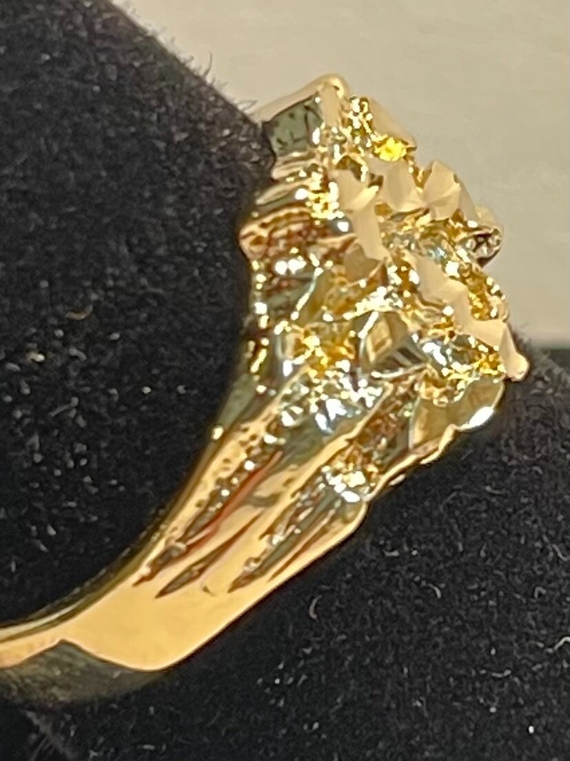 MENS,BOYS 14 KT GOLD PLATED DESIGNER NUGGET R4, SQUARED OFF RING SIZES 4-13