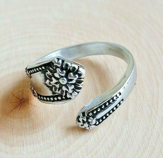 Victorian Flower Spoon Ring – Stainless Steel Open Wrap Vintage Band