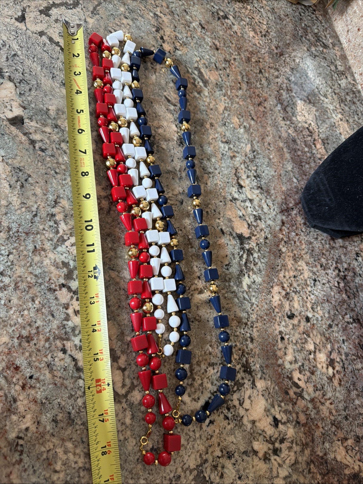 Trifari Opera Necklace Red White Blue Geometric Lucite Beads Gold Tone 3 Strand