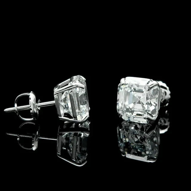 Silver 2Ct Asscher Simulated Diamond Solitaire Stud Earring 14KWhite Gold Plated