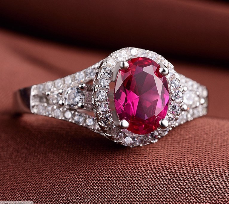 Rhodium Finish Sterling Silver Oval Lab-created Ruby CZ Adjustable Bang Ring K40