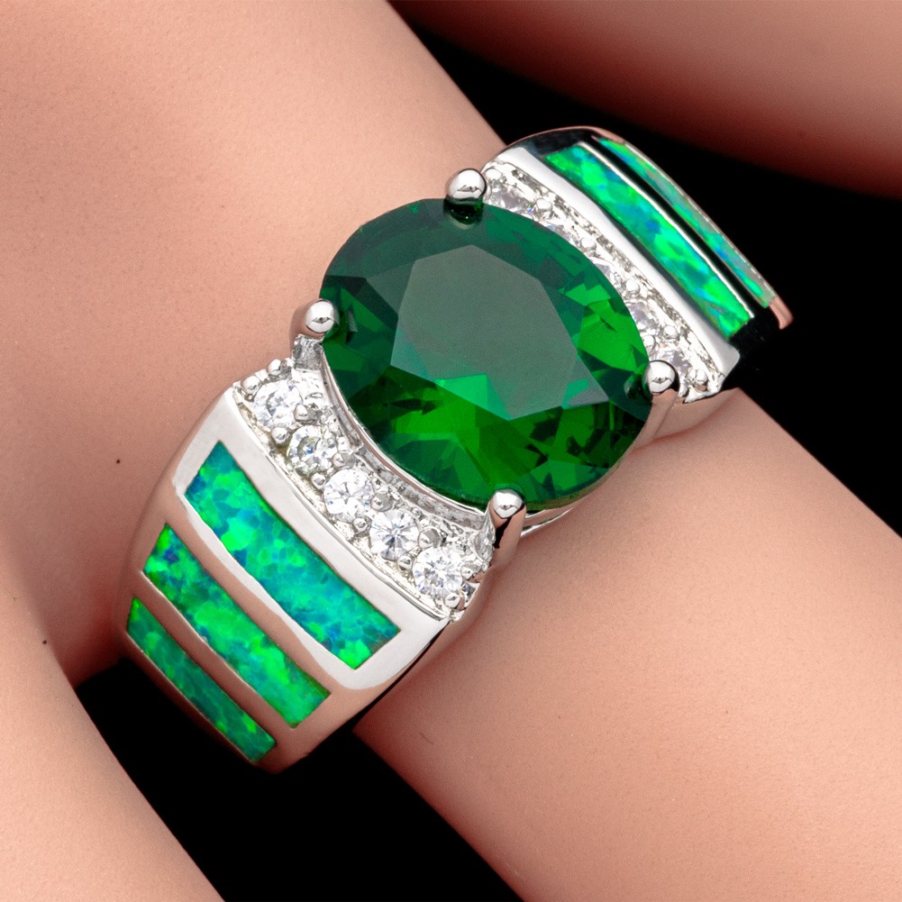 8×10 Simulated Emerald Kiwi Green Fire Opal CZ Silver Jewelry Ring 7 8 9 10