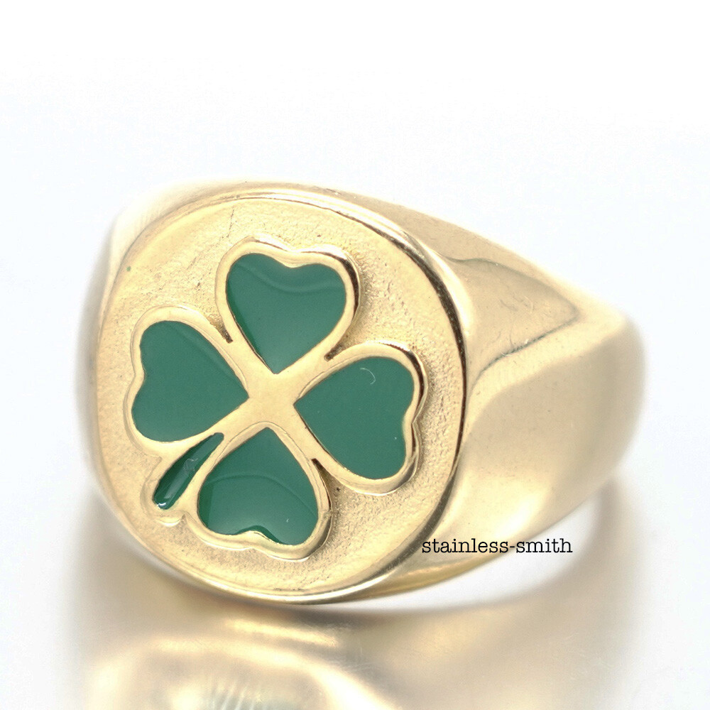 Mens Womens Irish Four 4 Leaf Clover Ring Gold Stainless Steel Size 6 7 9 10-12