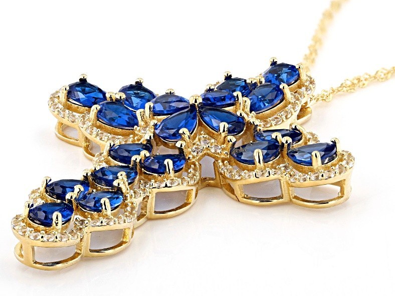 Blue Lab Created Spinel 18k Yellow Gold Over Silver Cross Pendant W/ Chain 8.22