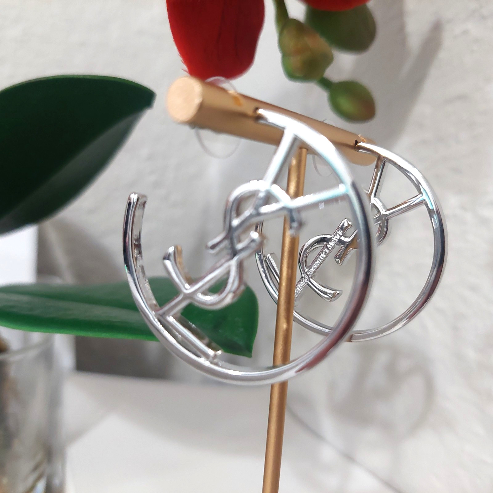 Auth. YVES SAINT LAURENT YSL LOGO Large HOOP EARRINGS Silver Tone