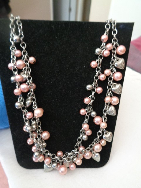 Double Strand Pink Faux Pearls and silver Hearts and ajustable Chain length