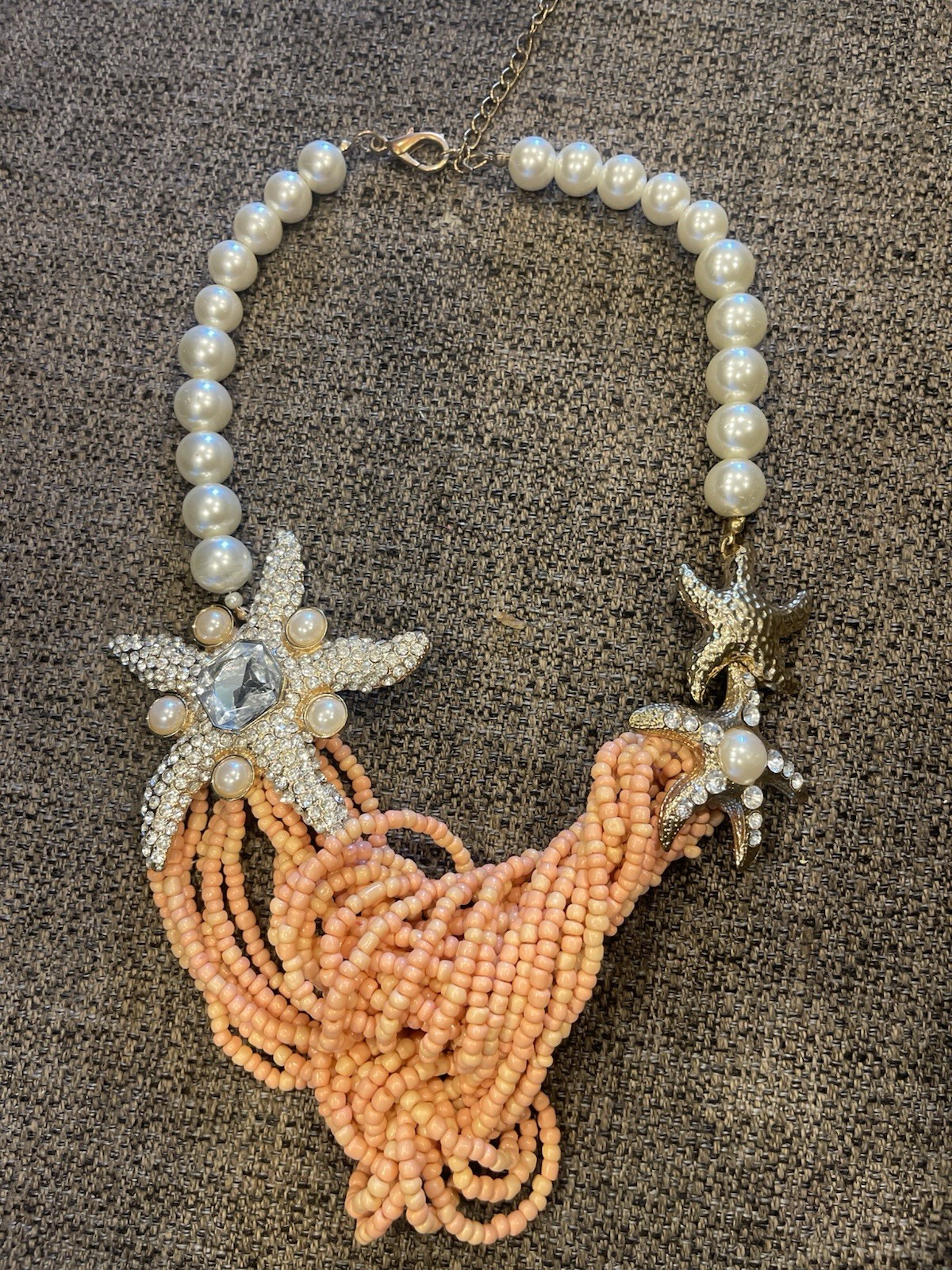 Statement Peach Beaded Necklace & Earring Set with Pearl Accents