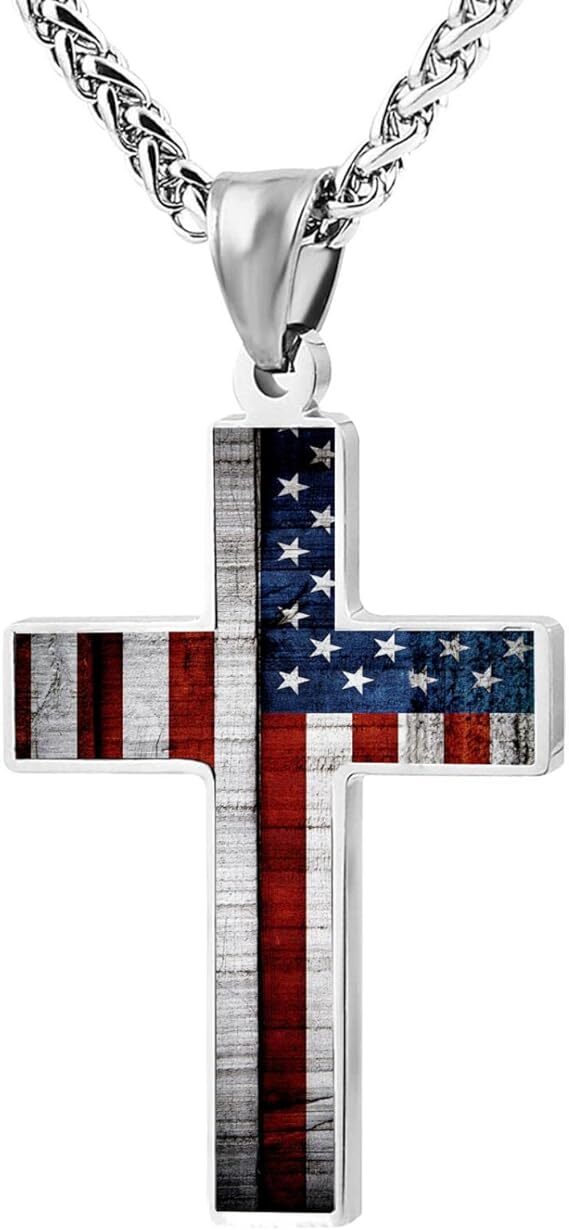 American Flag Patriotic Cross Pendant Necklace Christian Religious Men&women24in