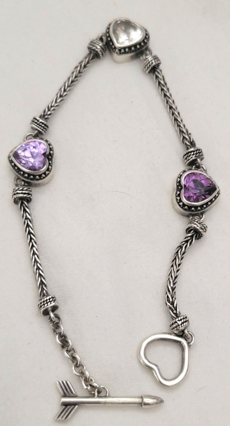 Amethyst Hearts CZ Crystals 925 Sterling Silver Spiga/Wheat Chain Bracelet 7.75″