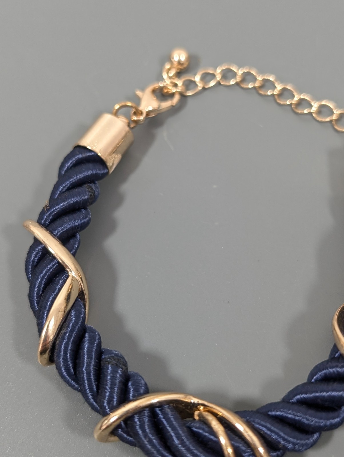 Nautical Coastal Blue Cord Gold Tone Anchor Pave Rhinestone Bracaelet 9 in