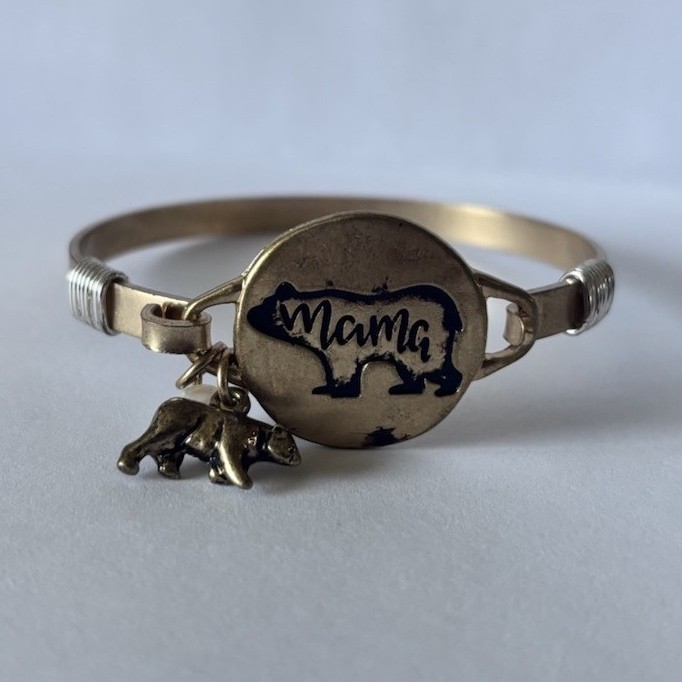 Silver Tone Mama Bear Dangle Charm Bangle Bracelet