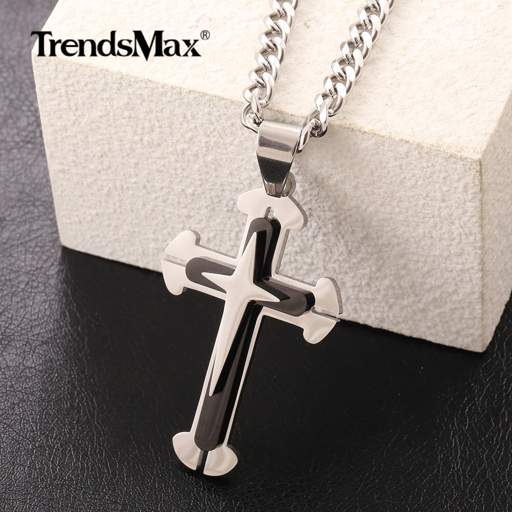 Silver+Black Stainless Steel Layered Cross Pendant Necklace 18″-30″ Cuban Chain