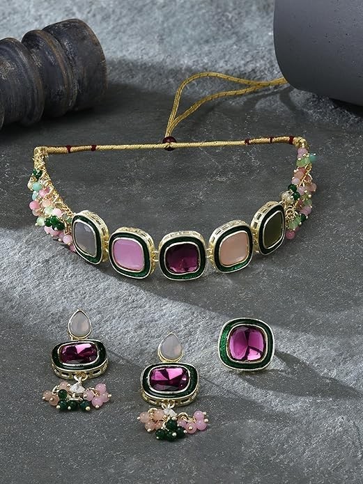 Traditional Kundan Choker Jewelry Set Gold Plated Indian Bridal Wedding Women
