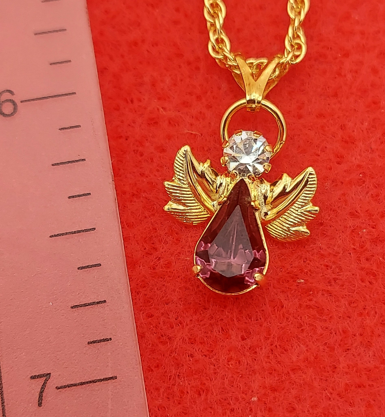 14 KT GOLD EP BIRTHSTONE FEBRUARY PURPLE CRYSTAL ANGEL CHARM W/18″ ROPE CHAIN