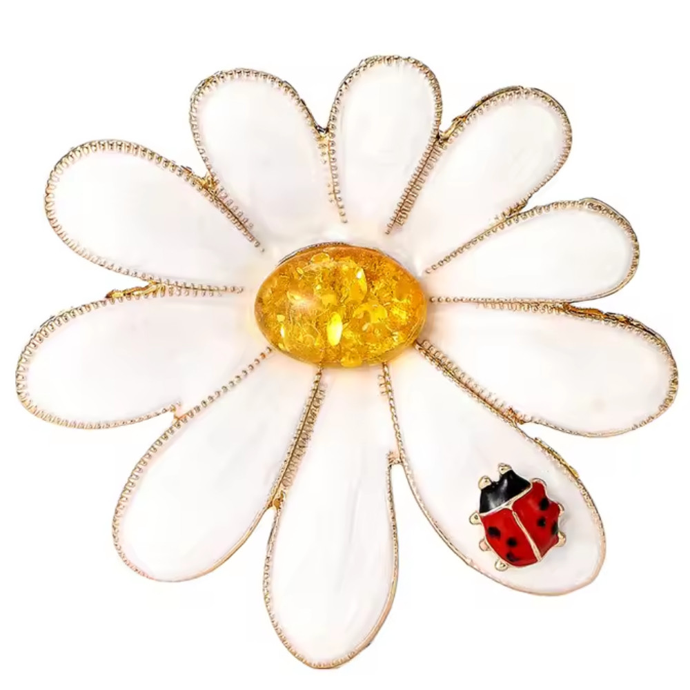 Vintage Enamel Daisy Flower Brooch with Ladybug Pin Summer Nature Jewelry Gift