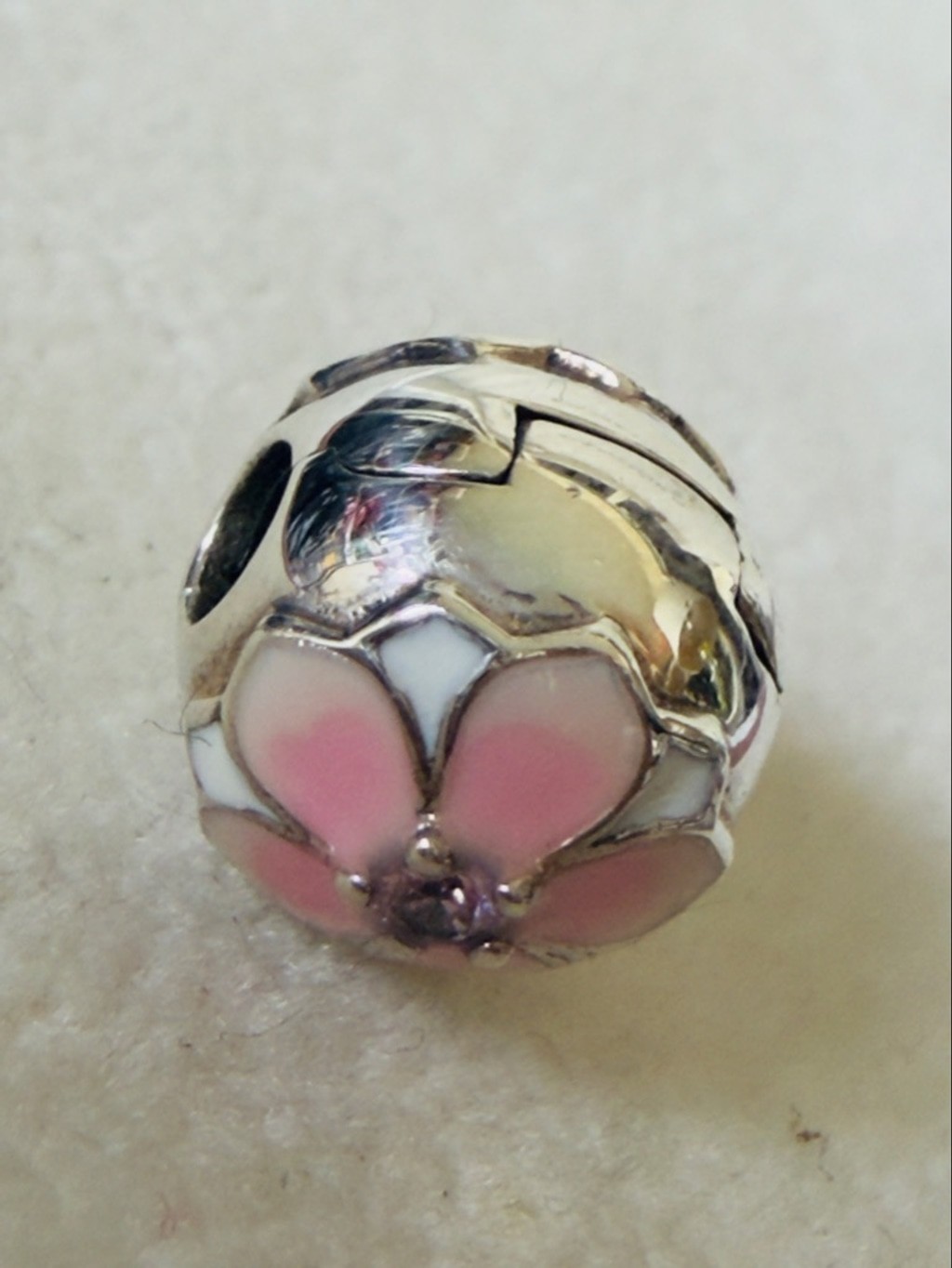 Pandora Sterling Silver Magnolia Bloom Whit Enamel & Pink CZ Clip Charm