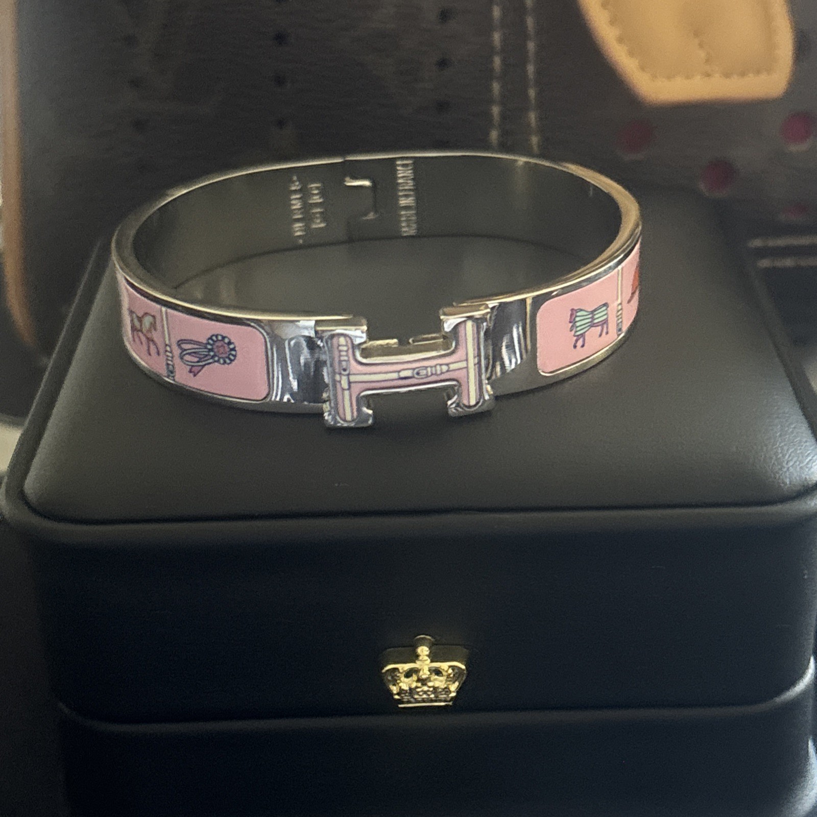 Hermès Inspired Enamel H Bracelet Silver Tone Multicolor Geometric Bangle