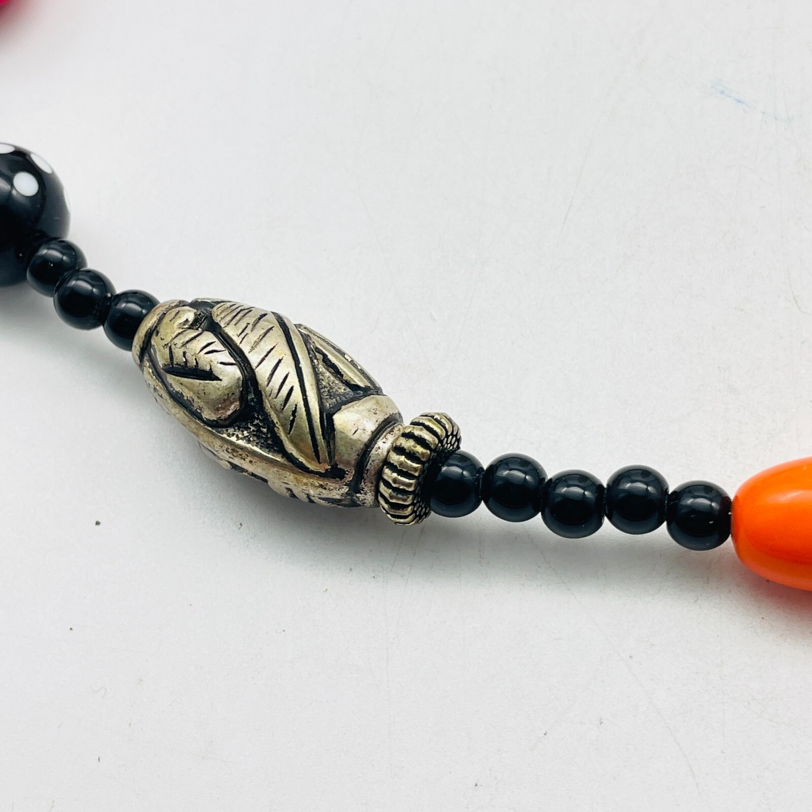 Beaded Station Necklace Black Pink White Orange Silver Tone Chunky Boho Festival