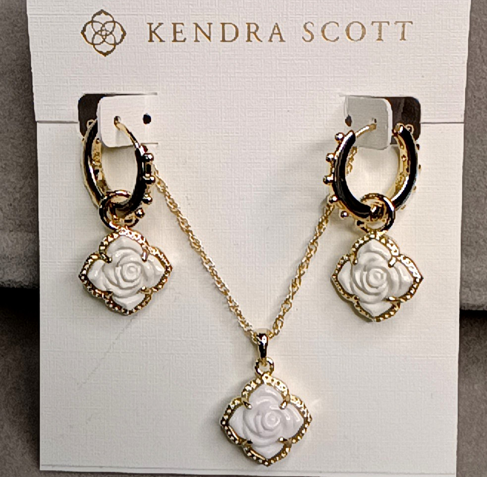 Kendra Scott Mallory Rose Huggie Hoop Earrings & Matching Necklace – Gold / Whit
