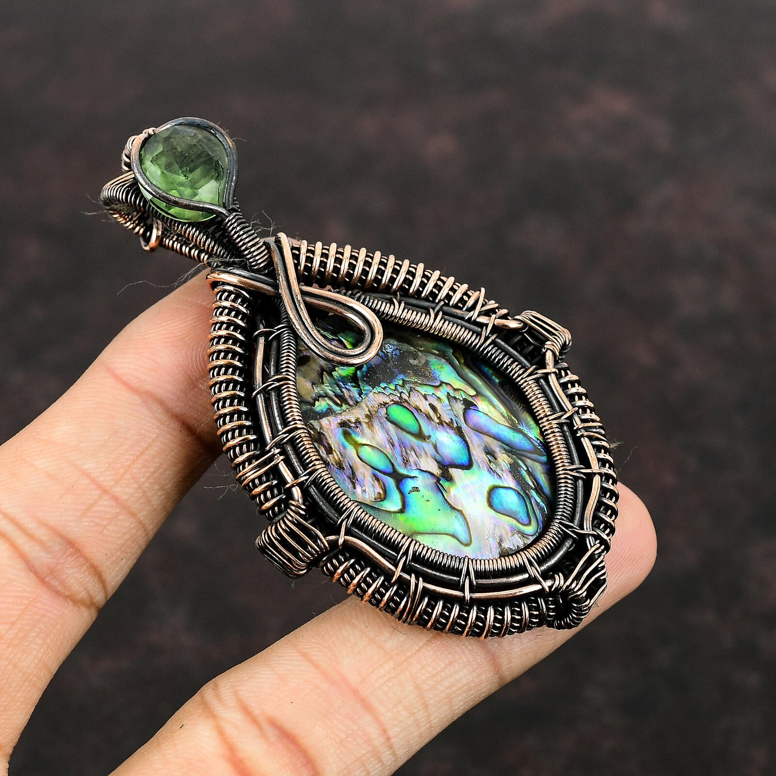 Abalone Shell Wire Wrapped Pendant Handcrafted Copper Partywear 3.15″