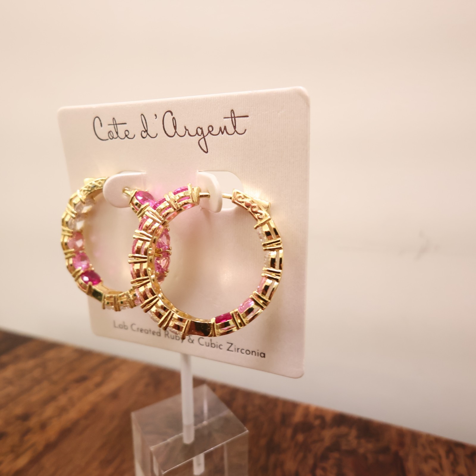 Cote d’Argent earrings pink crystal hoops inside-out lab-created rubies CZ 925