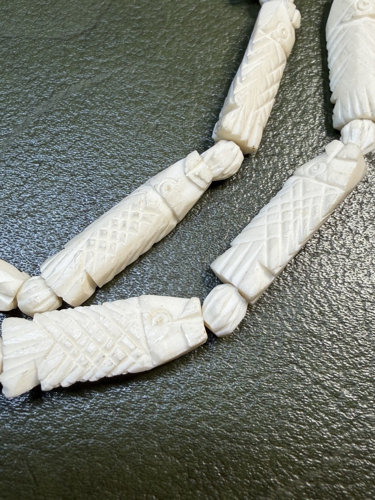 White Carved Bone Beaded Strand Necklace Ball/Bead Chain Screw Closure