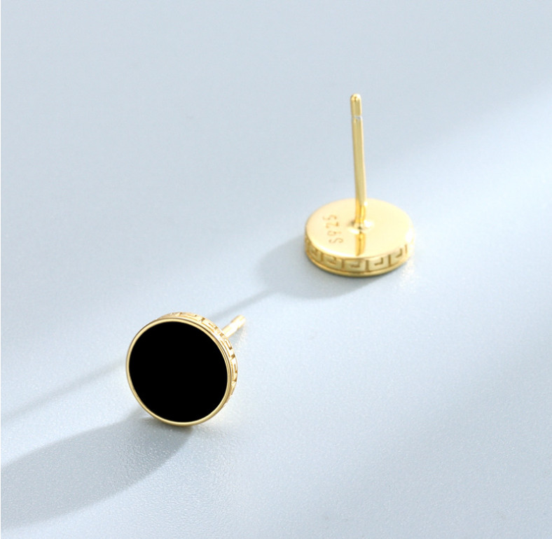Women Men Sterling Silver Black Enamel Round Stud Post Earrings 8mm Gift Box I84