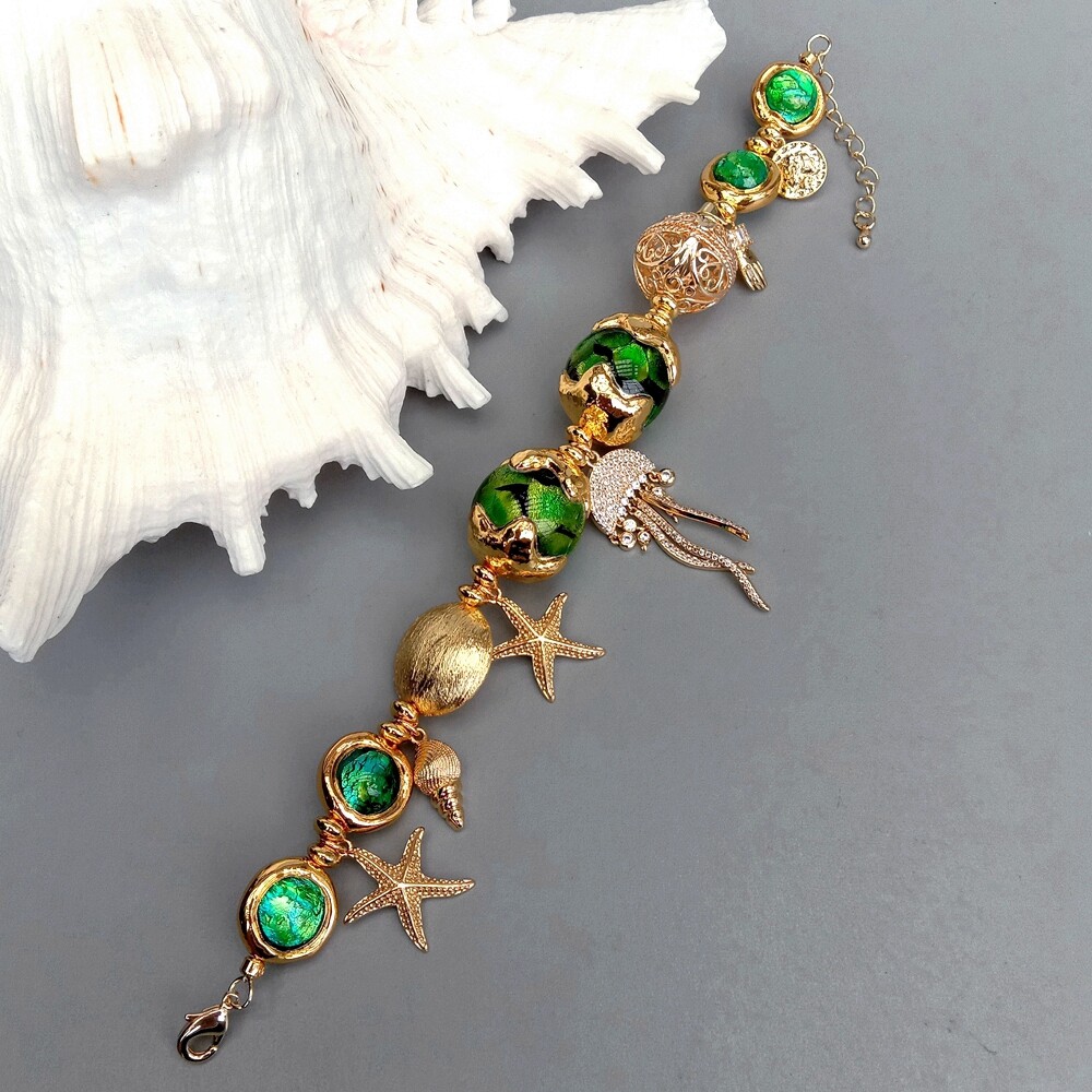 Green Murano Glass White Pearl Gold Plated Charm Beaded Bracelet Handmade