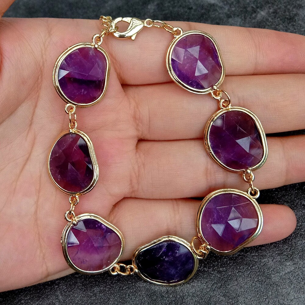 Natural Purple Amethyst Bezel Set Beaded Bracelet For Holiday Jewelry