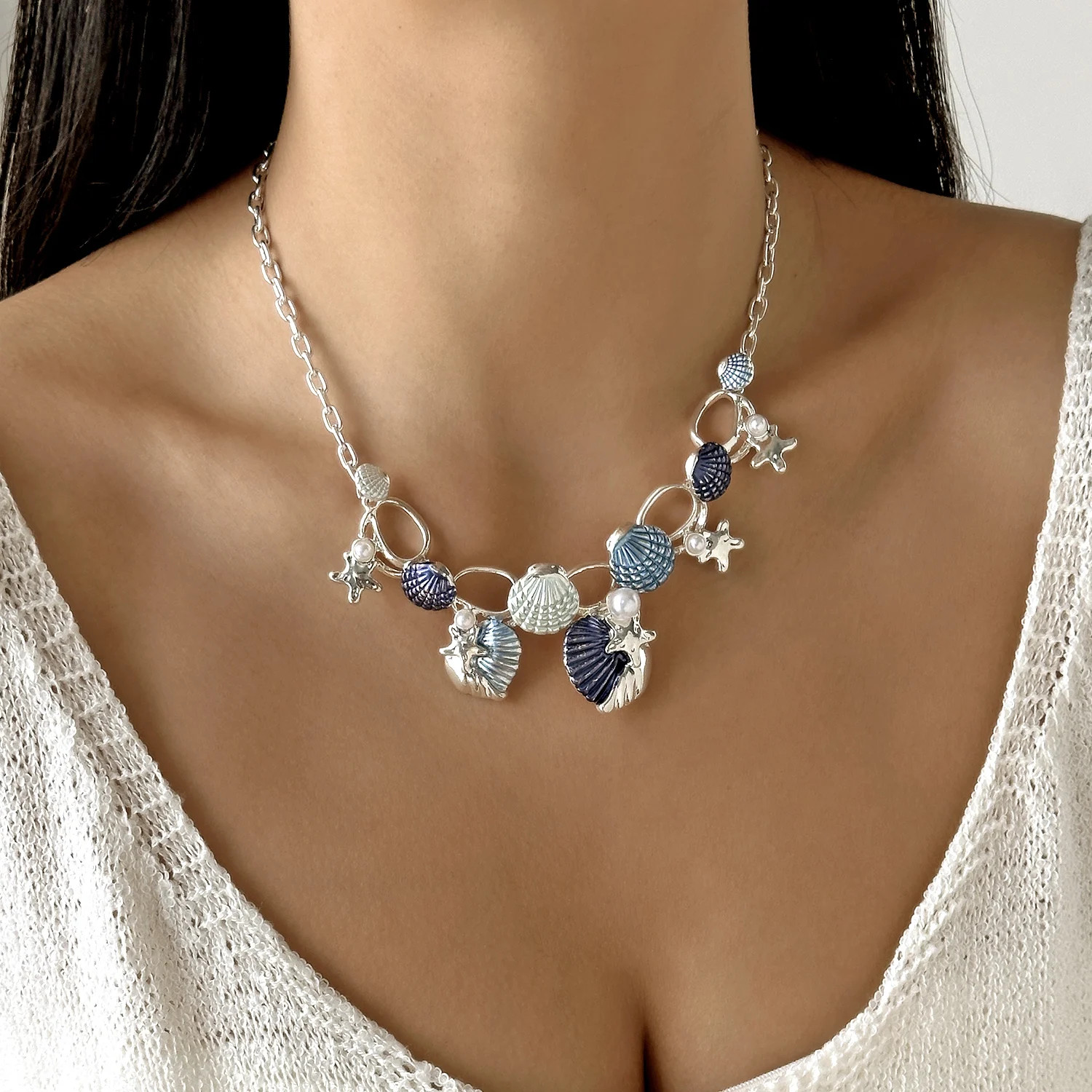 Boho Starfish Shell Coral Pearl Pendant Necklace For Women Shiny Crystal Zircon